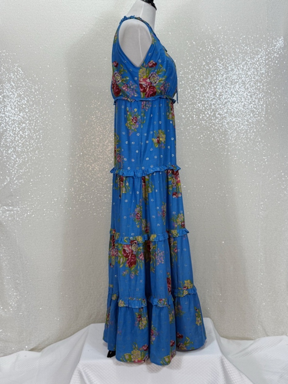 House of Harlow 1960 Blue Floral Maxi Dress Boho Tiered Ruffle Halter Feminine - Picture 6 of 16